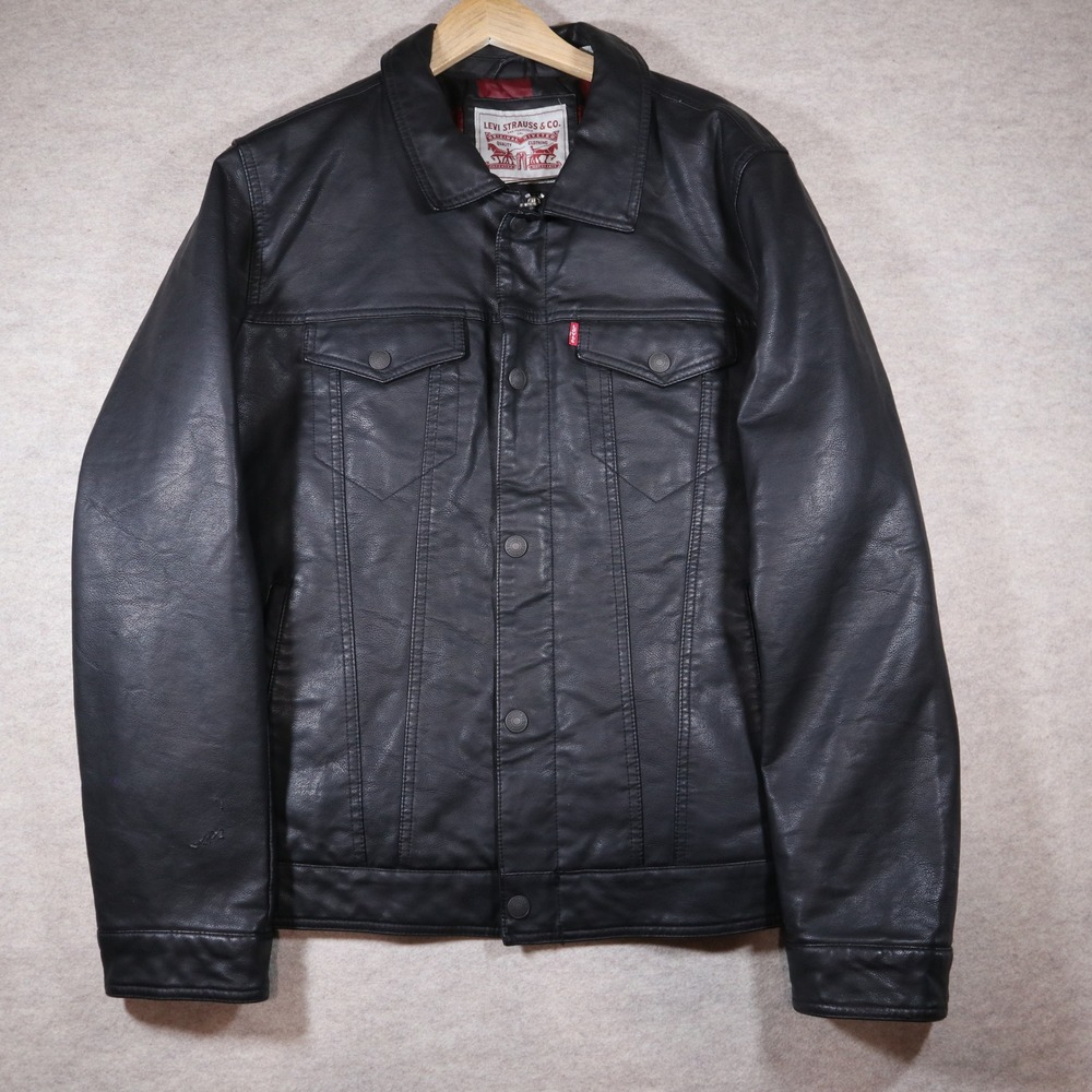 Levis Faux Leather Trucker Jacket Mens Large Black Plaid Lined Streetwear Y2K